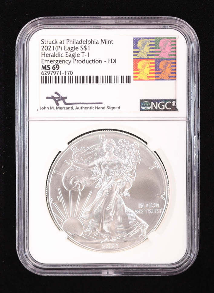 2021-(P) American Silver Eagle, Heraldic Eagle Type 1 - First Day of Issue Emergency Production - Philadelphia Mint (NGC MS69) at PristineAuction.com 2021-(P) American Silver Eagle, Heraldic Eagle Type 1 - First Day of Issue Emergency Production - Philadelphia Mint (NGC MS69) at PristineAuction.com