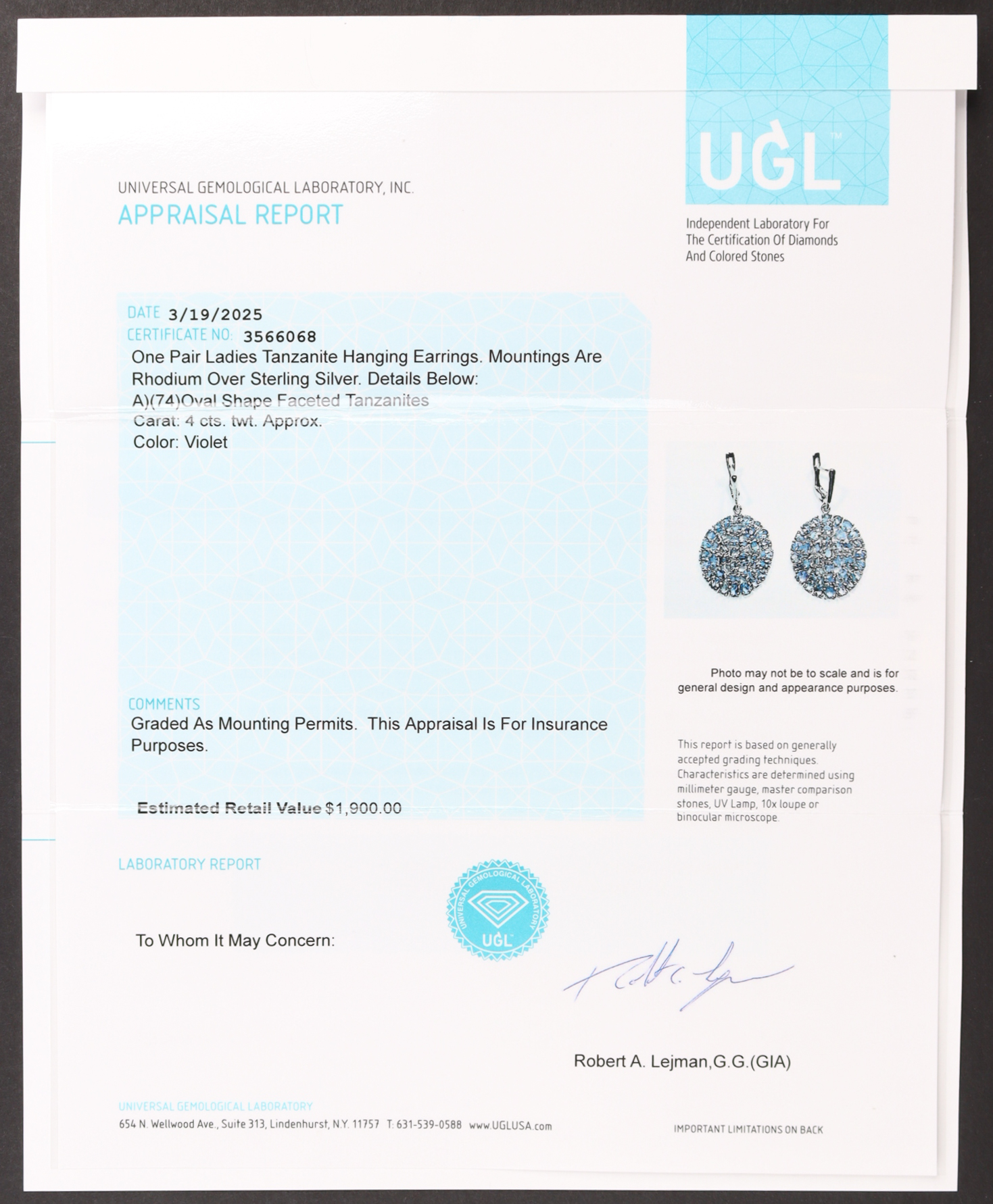 New 4 Carats Pair of Tanzanite Earrings | Estimated Retail Value: $1,900 (UGL) at PristineAuction.com New 4 Carats Pair of Tanzanite Earrings | Estimated Retail Value: $1,900 (UGL) at PristineAuction.com