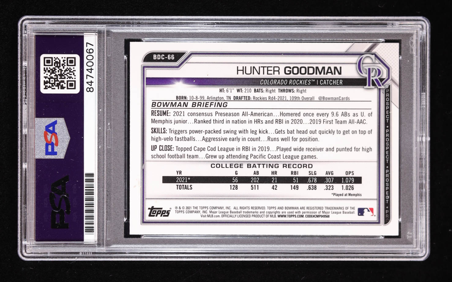 Hunter Goodman Signed 2021 Bowman Draft Chrome Light Blue #BDC66 RC (PSA | Auto 10) at PristineAuction.com Hunter Goodman Signed 2021 Bowman Draft Chrome Light Blue #BDC66 RC (PSA | Auto 10) at PristineAuction.com