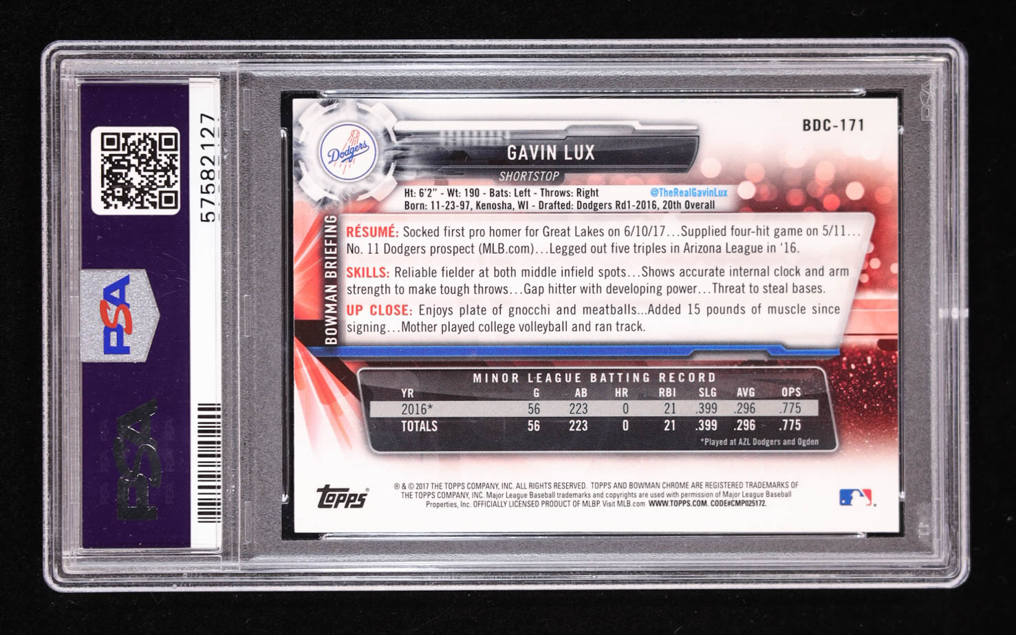 Gavin Lux Signed 2017 Bowman Draft Chrome #BDC171 RC (PSA) at PristineAuction.com Gavin Lux Signed 2017 Bowman Draft Chrome #BDC171 RC (PSA) at PristineAuction.com