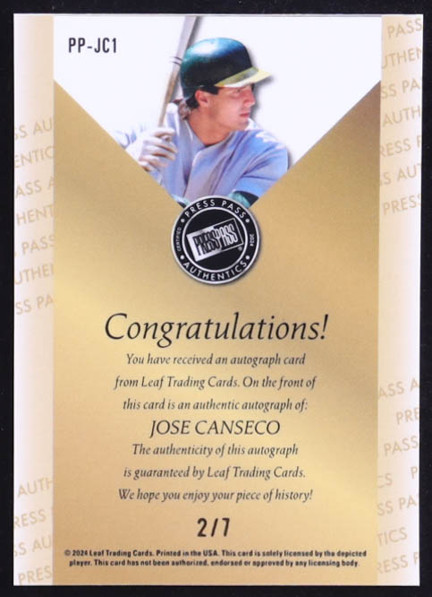 Jose Canseco 2024 Leaf Collective Press Pass Authentics Autographs Crystal Purple #PPJC1 #2/7 at PristineAuction.com Jose Canseco 2024 Leaf Collective Press Pass Authentics Autographs Crystal Purple #PPJC1 #2/7 at PristineAuction.com