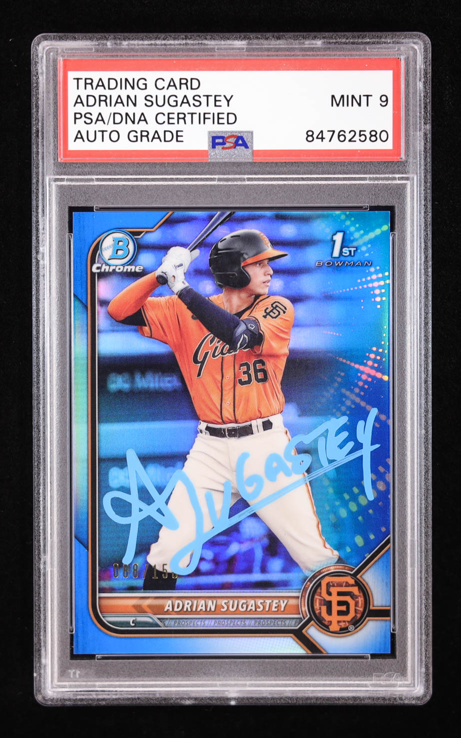Adrian Sugastey Signed 2022 Bowman Chrome Prospect Blue Refractor #BCP19 RC #88/150 (PSA | Auto 9) at PristineAuction.com Adrian Sugastey Signed 2022 Bowman Chrome Prospect Blue Refractor #BCP19 RC #88/150 (PSA | Auto 9) at PristineAuction.com