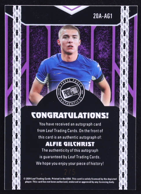 Alfie Gilchrist 2024 Leaf Collective '00 Press Pass Autographs Shimmer Black #20AAG1 #2/5 at PristineAuction.com Alfie Gilchrist 2024 Leaf Collective '00 Press Pass Autographs Shimmer Black #20AAG1 #2/5 at PristineAuction.com
