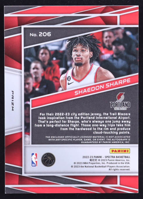 Shaedon Sharpe 2022-23 Panini Prizm Spectra Autograph Jersey RC #206 at PristineAuction.com Shaedon Sharpe 2022-23 Panini Prizm Spectra Autograph Jersey RC #206 at PristineAuction.com