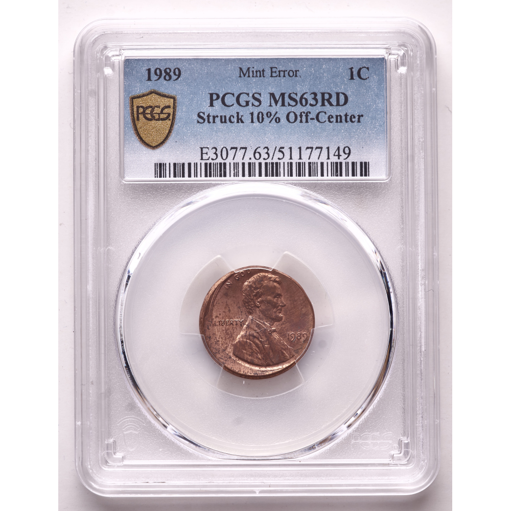 Mint Error 1989 Lincoln Cent Struck 10% Off Center (PCGS MS63 RD) at PristineAuction.com