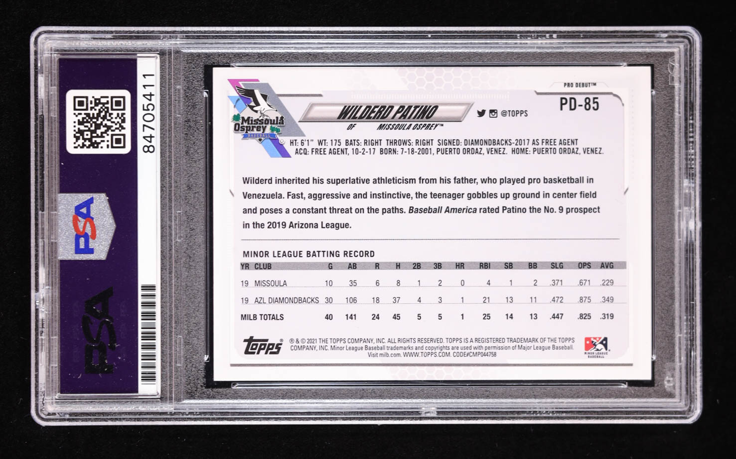 Wilderd Patino Signed 2021 Topps Pro Debut #PD85 RC (PSA) at PristineAuction.com Wilderd Patino Signed 2021 Topps Pro Debut #PD85 RC (PSA) at PristineAuction.com