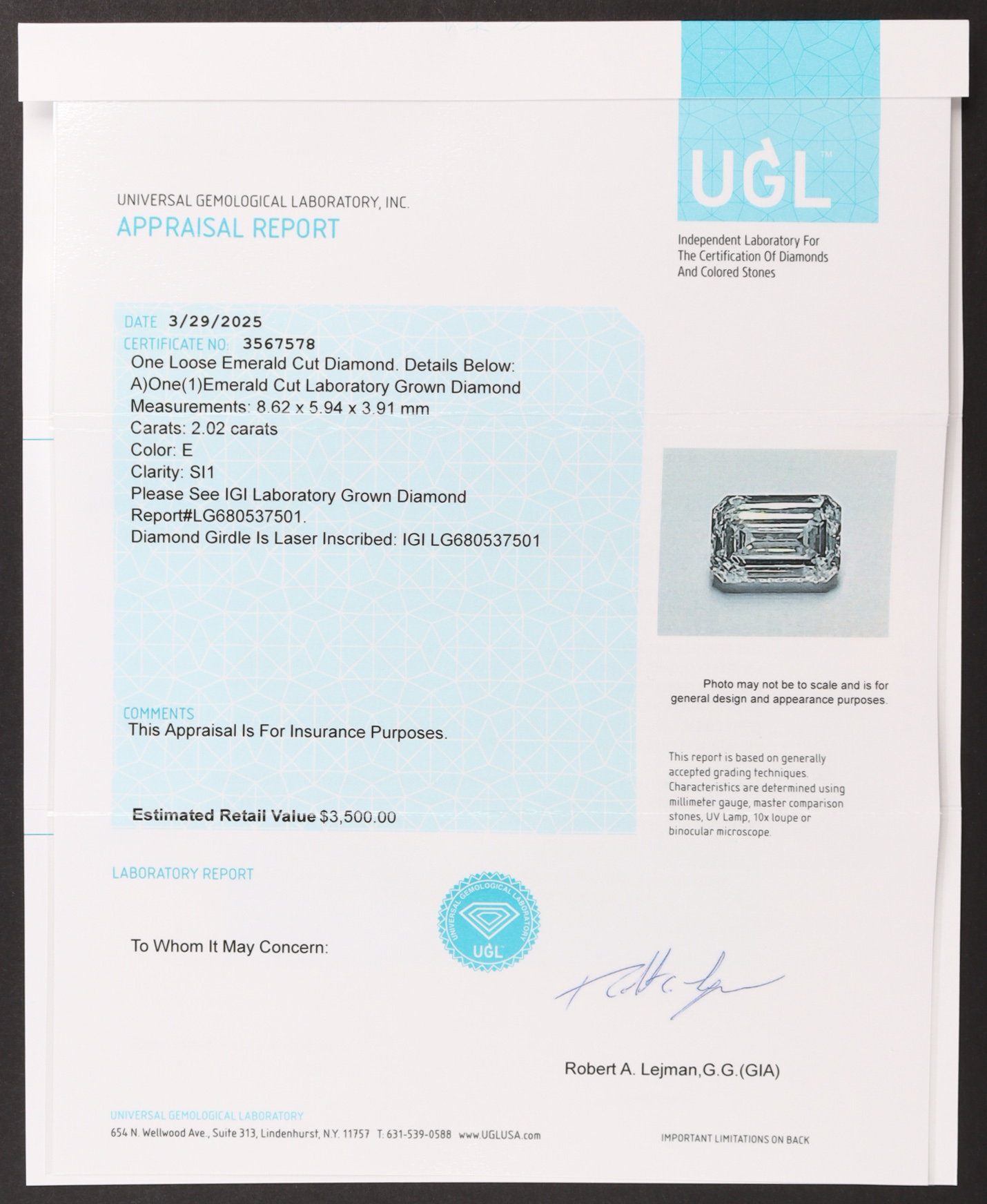 New 2.02 Carat Loose Lab Grown Diamond E, SI1 | Estimated Retail Value: $3,500 (UGL & IGI) at PristineAuction.com New 2.02 Carat Loose Lab Grown Diamond E, SI1 | Estimated Retail Value: $3,500 (UGL & IGI) at PristineAuction.com