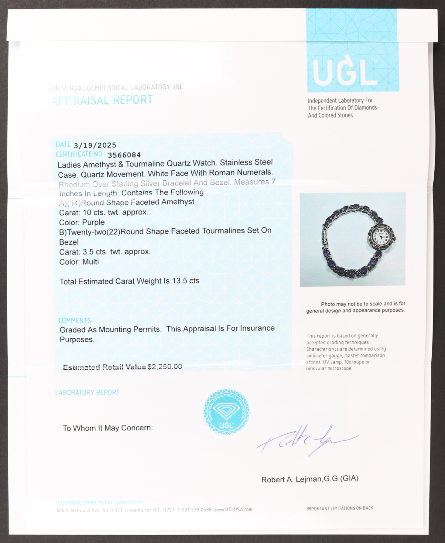 New 13.5 Carats Amethyst & Tourmaline Quartz Watch | Estimated Retail Value: $2,250 (UGL) at PristineAuction.com New 13.5 Carats Amethyst & Tourmaline Quartz Watch | Estimated Retail Value: $2,250 (UGL) at PristineAuction.com