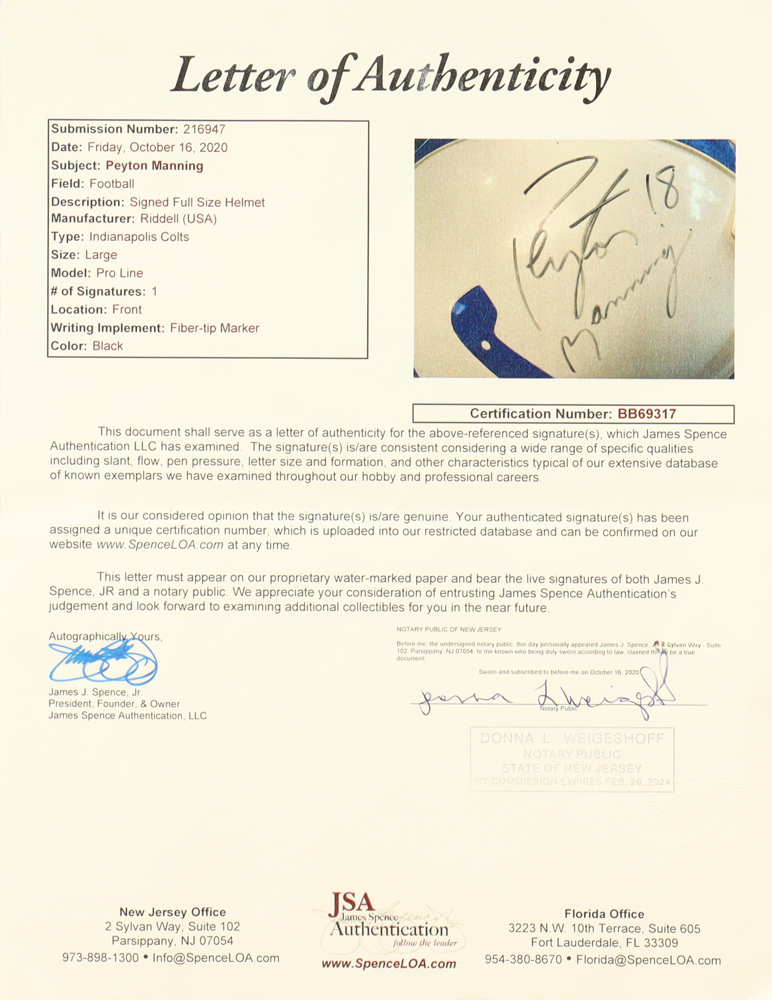 Peyton Manning Signed Colts Full-Size Pro Line Authentic Helmet (JSA) at PristineAuction.com Peyton Manning Signed Colts Full-Size Pro Line Authentic Helmet (JSA) at PristineAuction.com