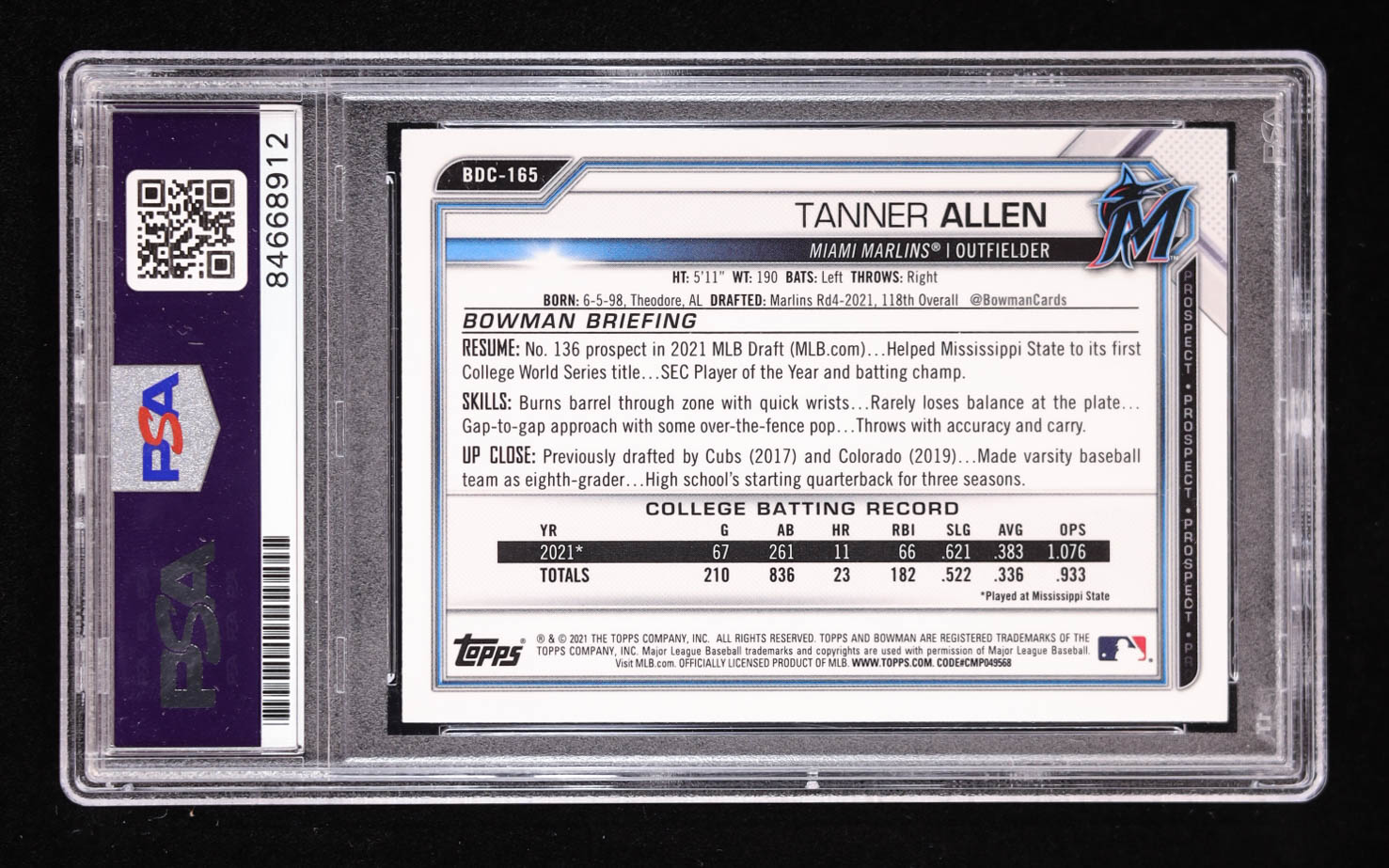 Tanner Allen Signed 2021 Bowman Draft Chrome #BDC165 RC (PSA) at PristineAuction.com Tanner Allen Signed 2021 Bowman Draft Chrome #BDC165 RC (PSA) at PristineAuction.com
