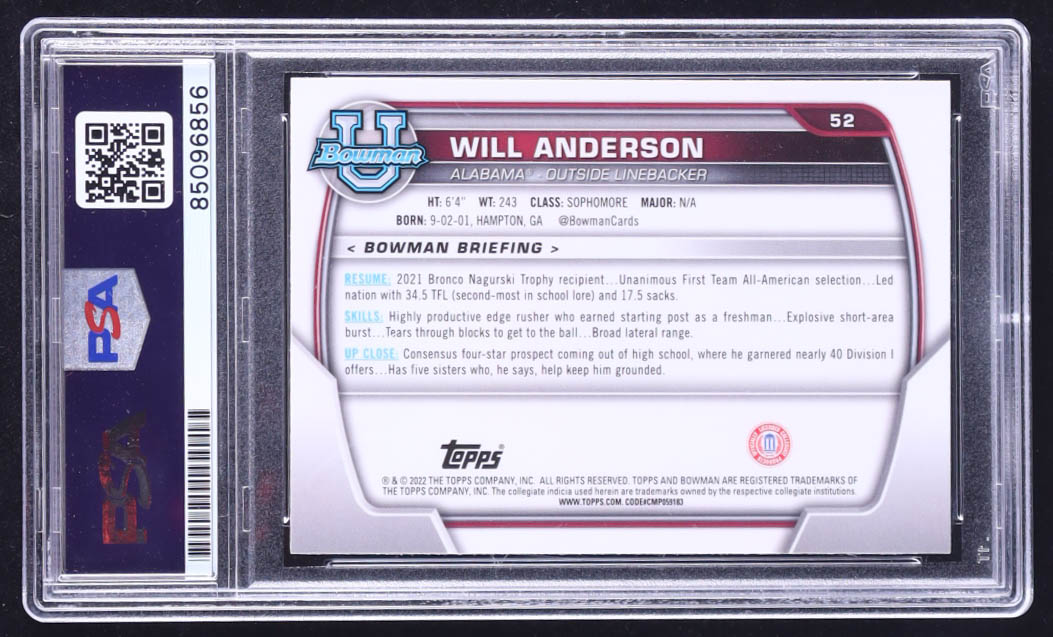 Will Anderson Jr. Signed 2022 Bowman Chrome University #52 RC (PSA) at PristineAuction.com Will Anderson Jr. Signed 2022 Bowman Chrome University #52 RC (PSA) at PristineAuction.com