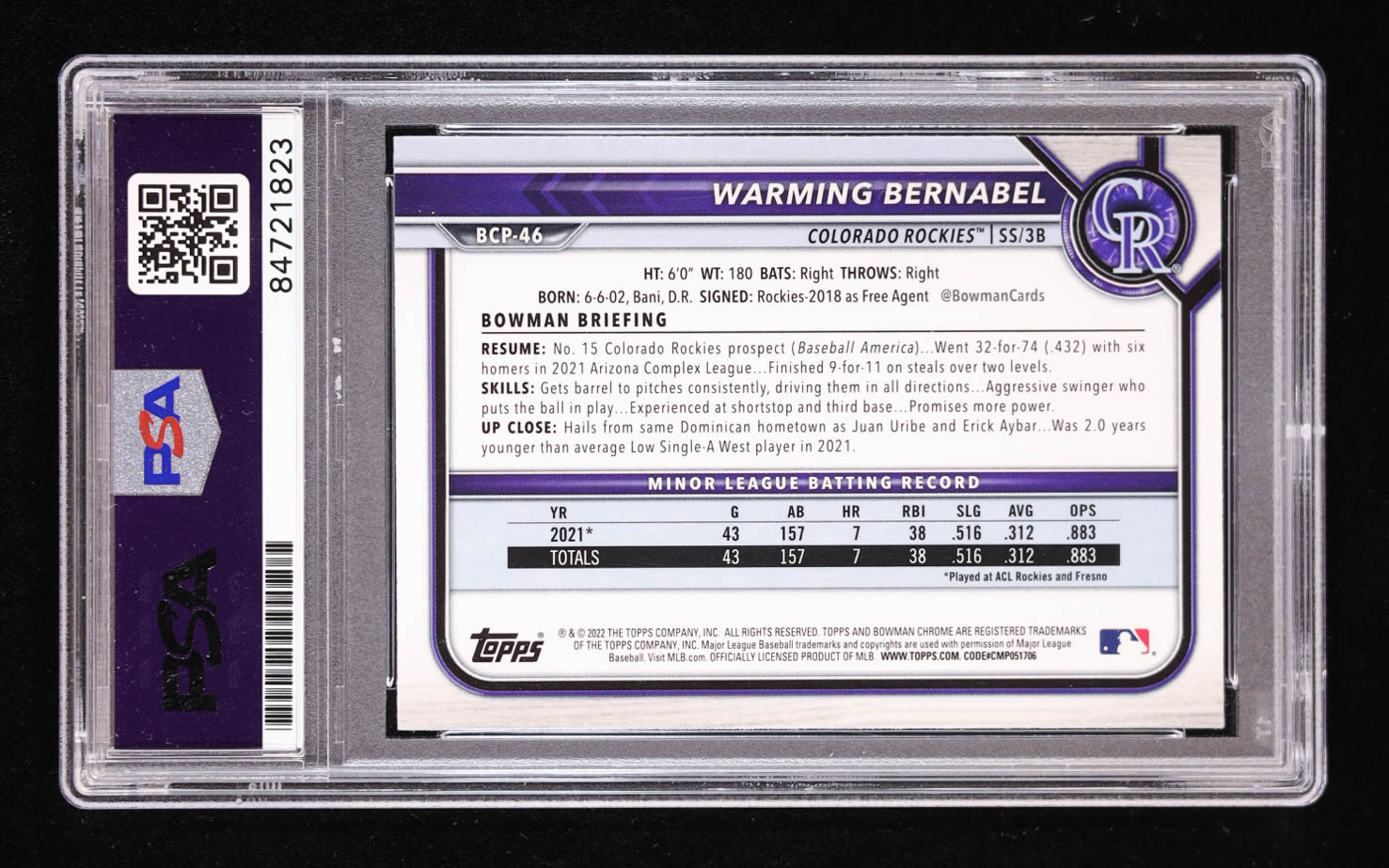 Warming Bernabel Signed 2022 Bowman Chrome Prospect #BCP46 RC (PSA) at PristineAuction.com Warming Bernabel Signed 2022 Bowman Chrome Prospect #BCP46 RC (PSA) at PristineAuction.com