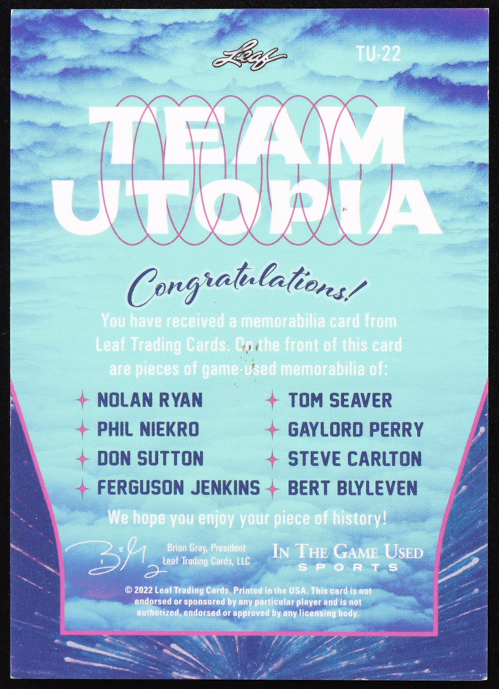 2022 Leaf ITG Used Team Utopia Pattern Red #TU22 Nolan Ryan / Tom Seaver / Phil Niekro / Gaylord Perry / Don Sutton / Steve Carlton / Fergie Jenkins / Bert Blyleven #04/35 at PristineAuction.com 2022 Leaf ITG Used Team Utopia Pattern Red #TU22 Nolan Ryan / Tom Seaver / Phil Niekro / Gaylord Perry / Don Sutton / Steve Carlton / Fergie Jenkins / Bert Blyleven #04/35 at PristineAuction.com