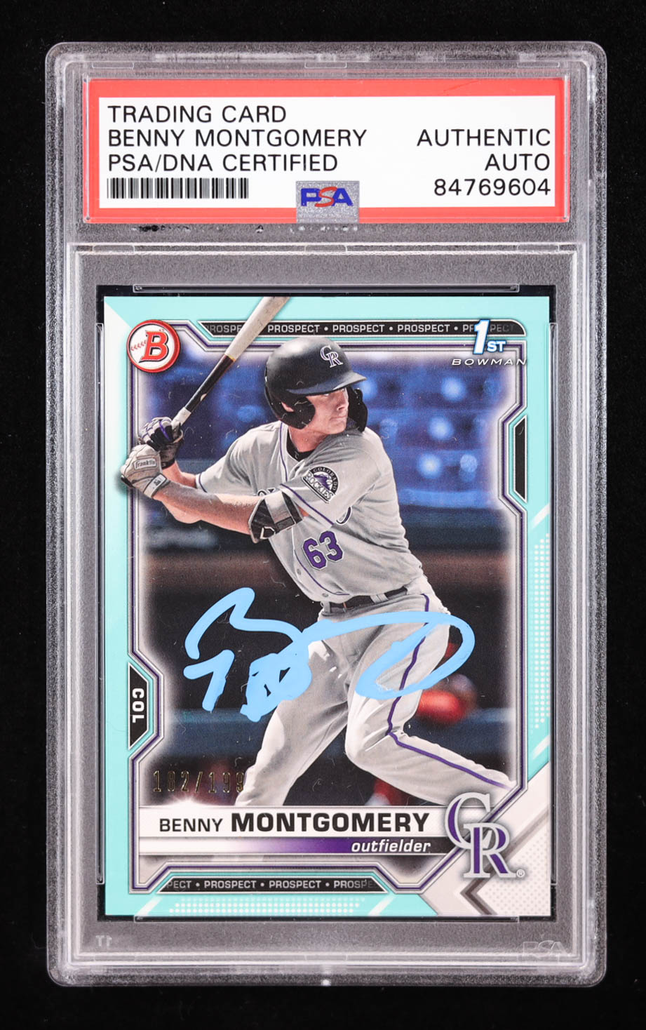 Benny Montgomery Signed 2021 Bowman Draft Aqua #BD84 RC #182/199 (PSA) at PristineAuction.com Benny Montgomery Signed 2021 Bowman Draft Aqua #BD84 RC #182/199 (PSA) at PristineAuction.com