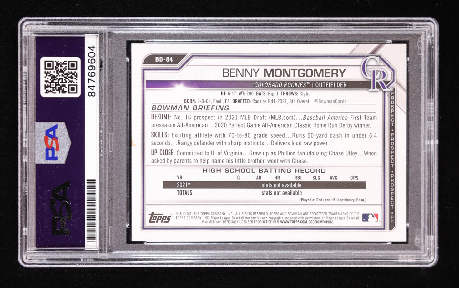 Benny Montgomery Signed 2021 Bowman Draft Aqua #BD84 RC #182/199 (PSA) at PristineAuction.com Benny Montgomery Signed 2021 Bowman Draft Aqua #BD84 RC #182/199 (PSA) at PristineAuction.com