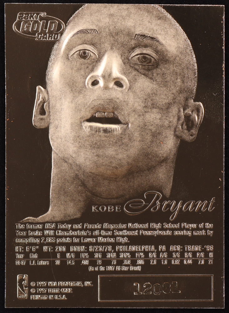 Kobe Bryant 1996-97 Fleer Flair Showcase Legacy Feel the Game Purple 23KT Gold RC at PristineAuction.com Kobe Bryant 1996-97 Fleer Flair Showcase Legacy Feel the Game Purple 23KT Gold RC at PristineAuction.com