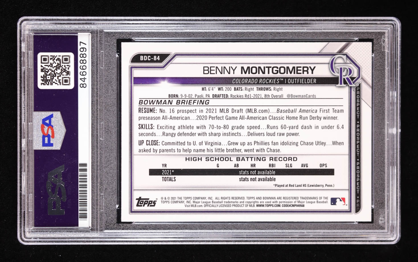 Benny Montgomery Signed 2021 Bowman Draft Chrome #BDC84 RC (PSA) at PristineAuction.com Benny Montgomery Signed 2021 Bowman Draft Chrome #BDC84 RC (PSA) at PristineAuction.com