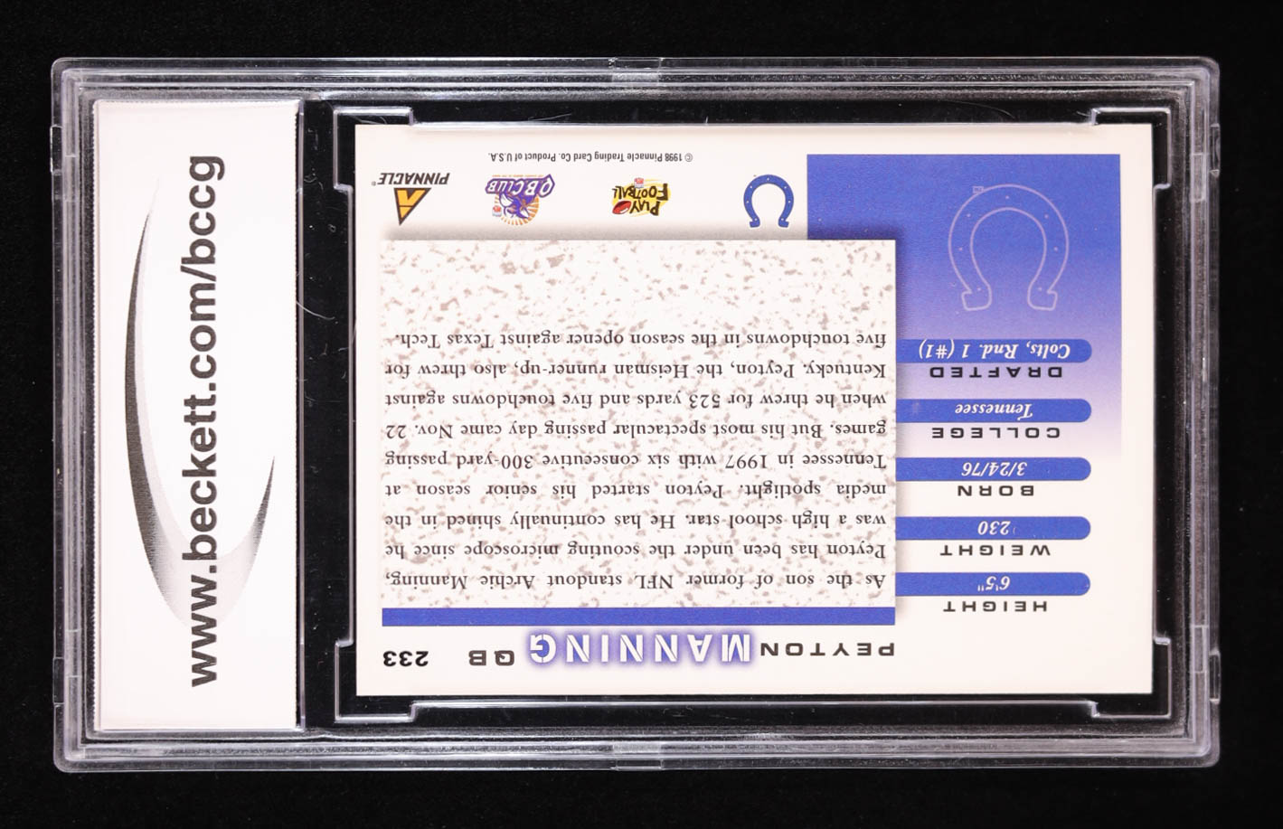 Peyton Manning 1998 Score #233 RC (BCCG 10) at PristineAuction.com Peyton Manning 1998 Score #233 RC (BCCG 10) at PristineAuction.com