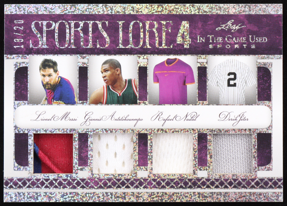2022 Leaf ITG Used Sports Lore 4 Sparkle Silver #SL07 Lionel Messi / Giannis Antetokounmpo / Rafael Nadal / Derek Jeter #18/20 at PristineAuction.com 2022 Leaf ITG Used Sports Lore 4 Sparkle Silver #SL07 Lionel Messi / Giannis Antetokounmpo / Rafael Nadal / Derek Jeter #18/20 at PristineAuction.com