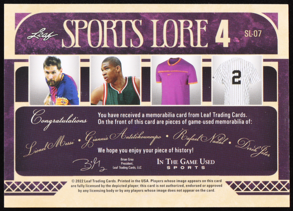 2022 Leaf ITG Used Sports Lore 4 Sparkle Silver #SL07 Lionel Messi / Giannis Antetokounmpo / Rafael Nadal / Derek Jeter #18/20 at PristineAuction.com 2022 Leaf ITG Used Sports Lore 4 Sparkle Silver #SL07 Lionel Messi / Giannis Antetokounmpo / Rafael Nadal / Derek Jeter #18/20 at PristineAuction.com