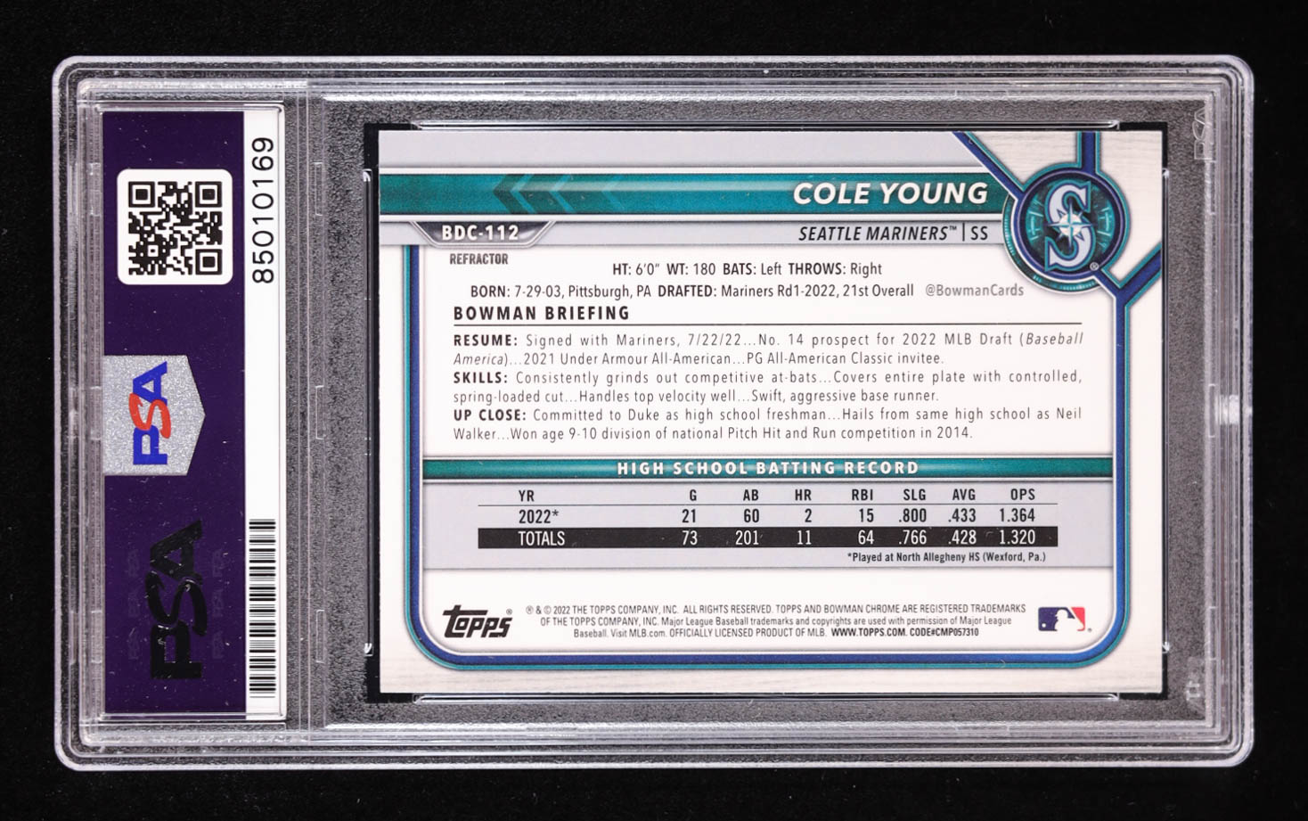 Cole Young Signed 2022 Bowman Chrome Draft Refractor #BDC112 RC (PSA) at PristineAuction.com Cole Young Signed 2022 Bowman Chrome Draft Refractor #BDC112 RC (PSA) at PristineAuction.com