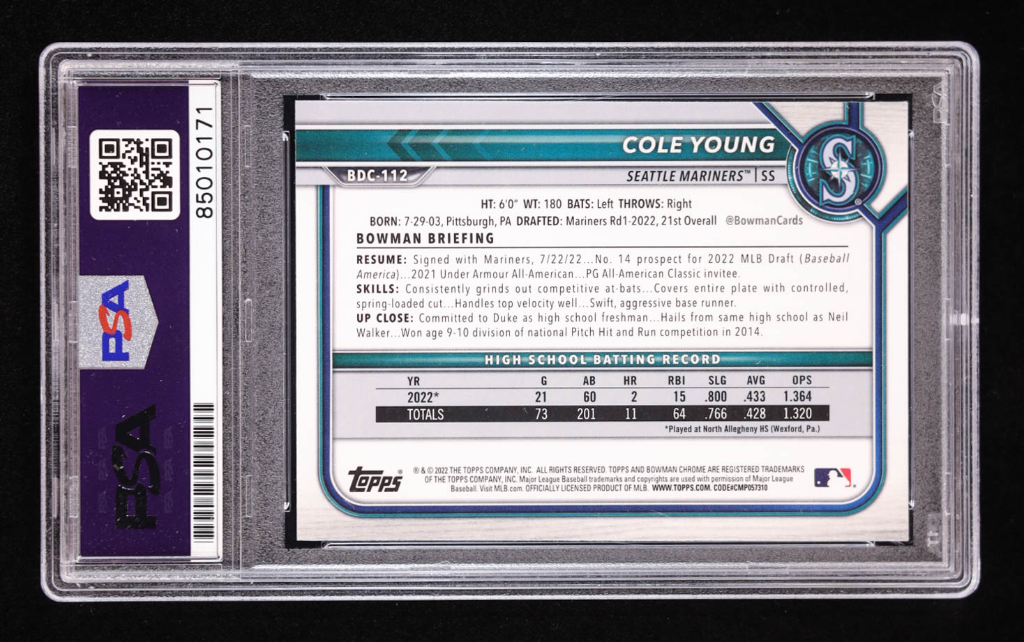 Cole Young Signed 2022 Bowman Chrome Draft #BDC112 RC (PSA) at PristineAuction.com Cole Young Signed 2022 Bowman Chrome Draft #BDC112 RC (PSA) at PristineAuction.com