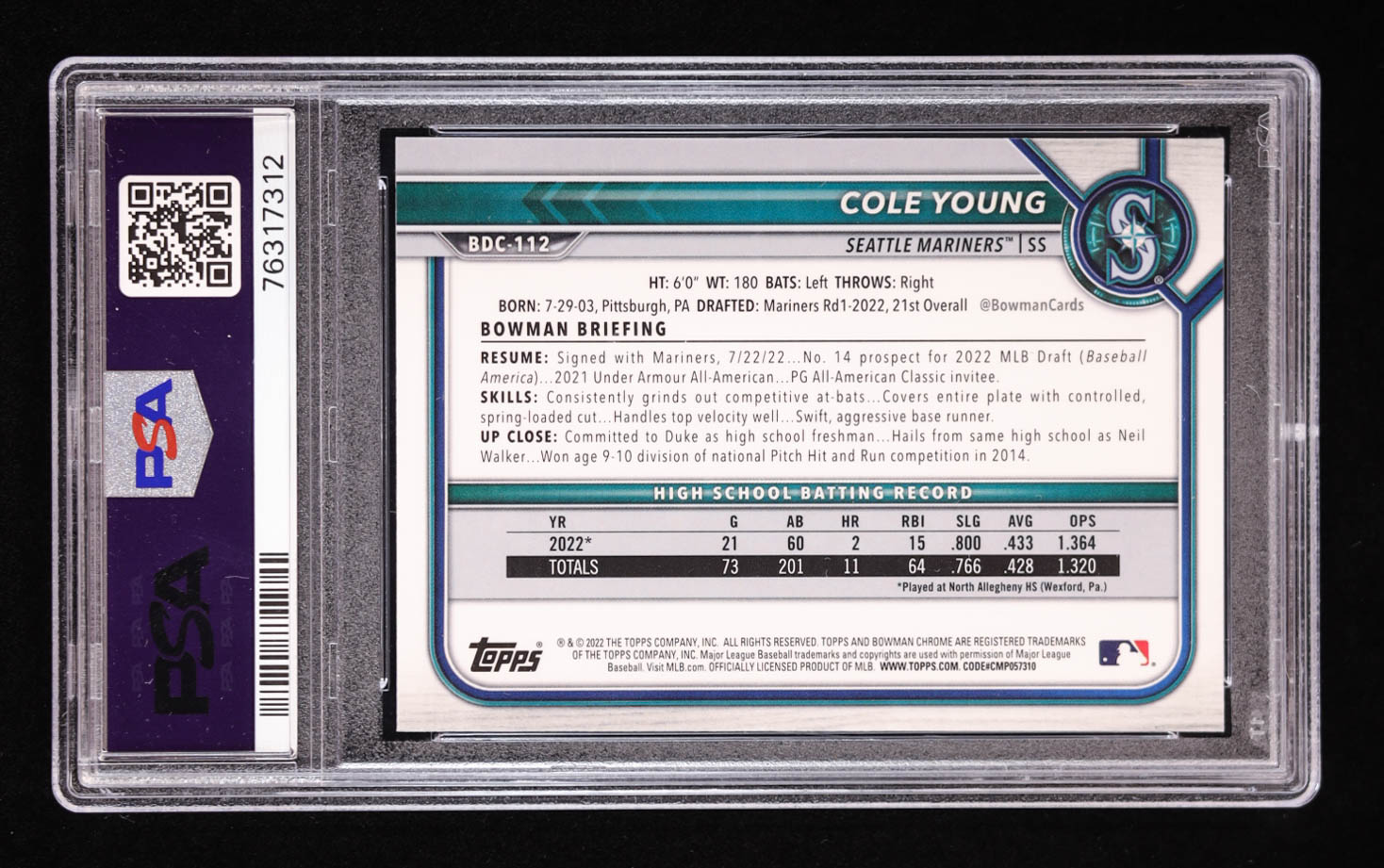 Cole Young Signed 2022 Bowman Chrome Draft #BDC112 RC (PSA 8 | Auto 10) at PristineAuction.com Cole Young Signed 2022 Bowman Chrome Draft #BDC112 RC (PSA 8 | Auto 10) at PristineAuction.com