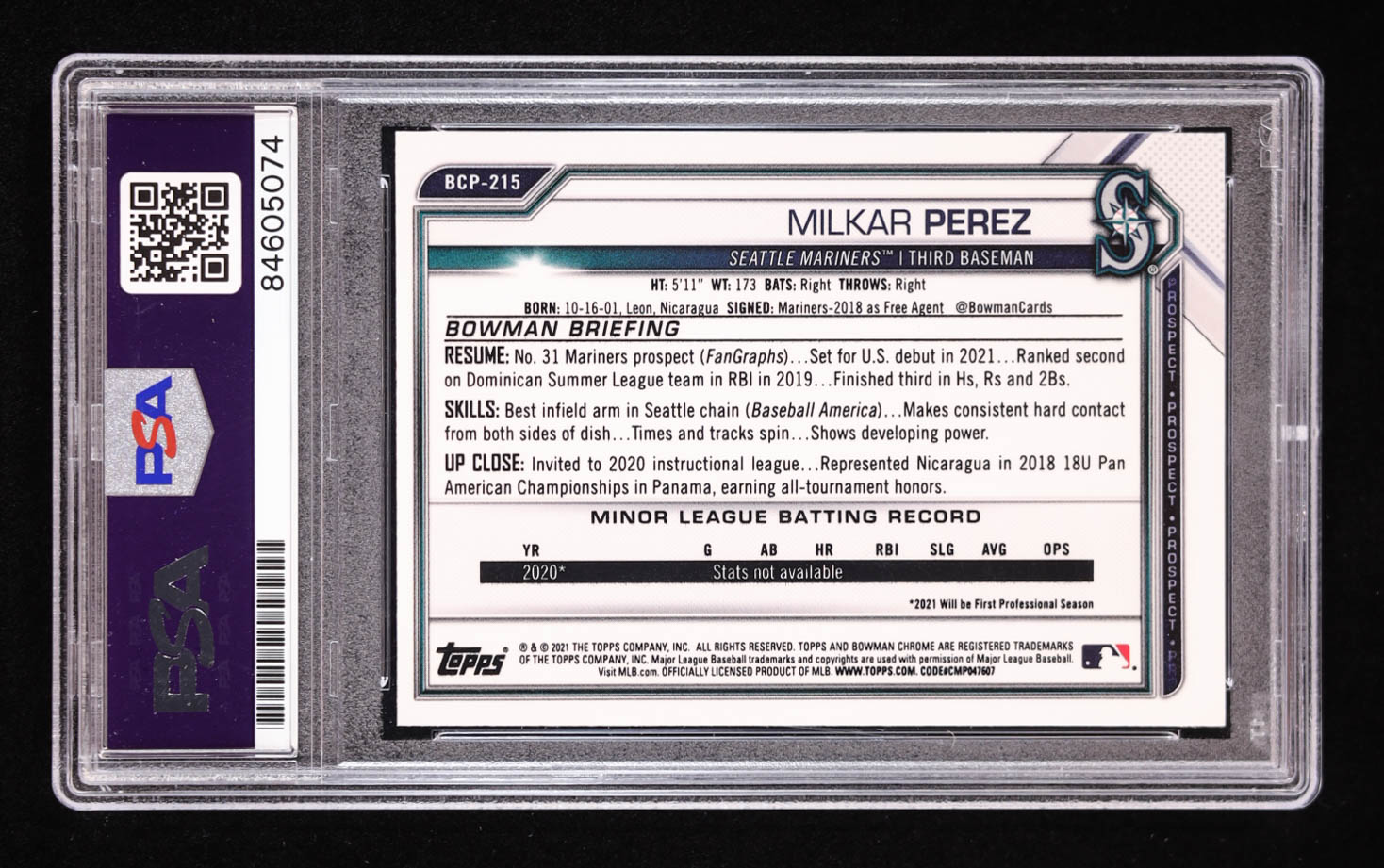 Milkar Perez Signed 2021 Bowman Chrome Prospects #BCP215 RC (PSA | Auto 10) at PristineAuction.com Milkar Perez Signed 2021 Bowman Chrome Prospects #BCP215 RC (PSA | Auto 10) at PristineAuction.com
