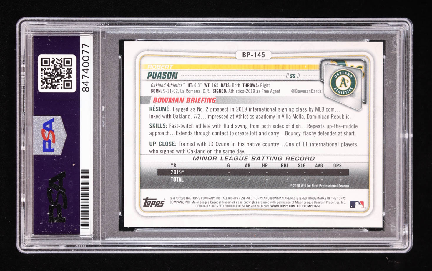 Robert Puason Signed 2020 Bowman Prospects #BP145 RC (PSA | Auto 10) at PristineAuction.com Robert Puason Signed 2020 Bowman Prospects #BP145 RC (PSA | Auto 10) at PristineAuction.com