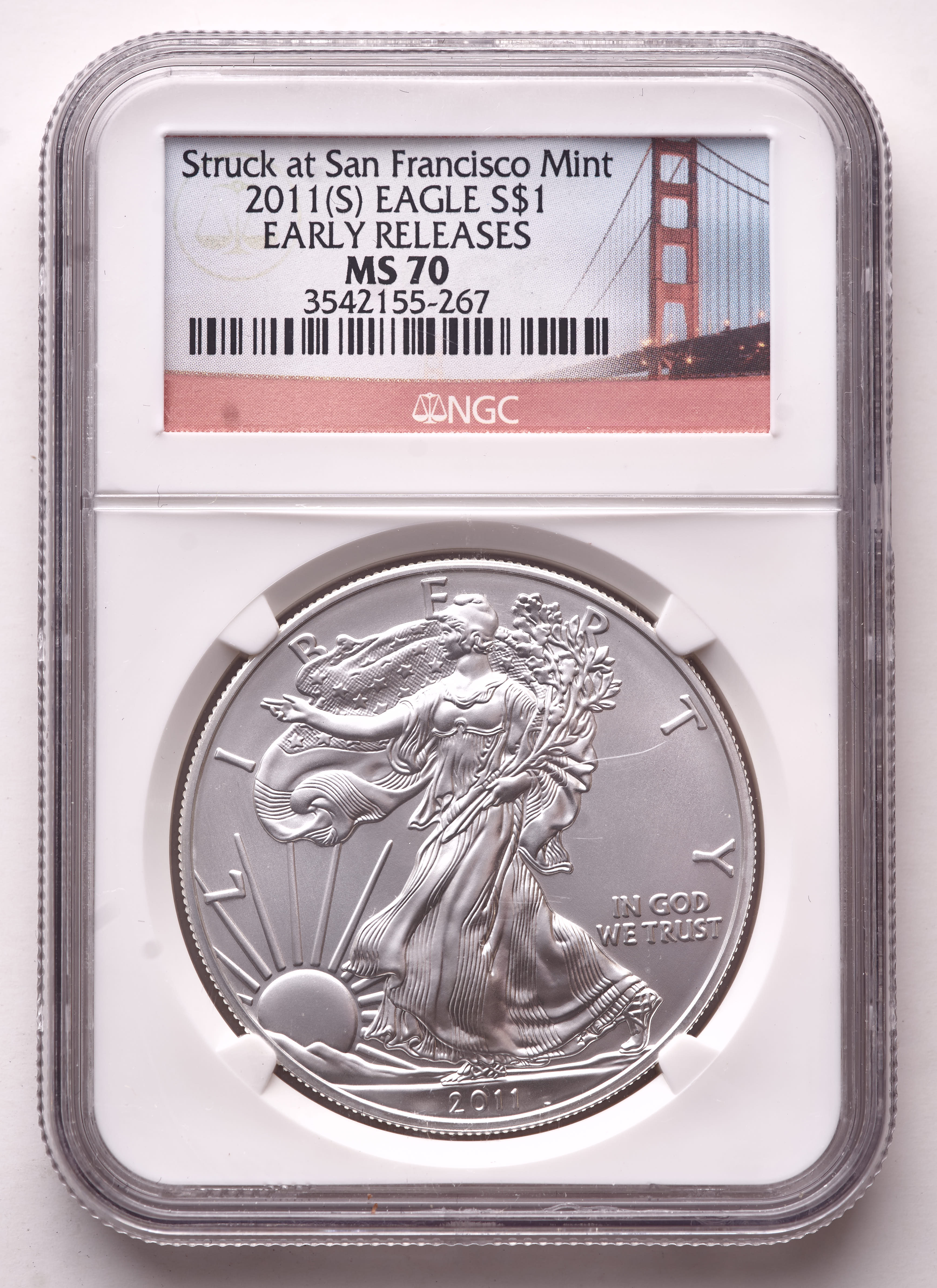 2011-(S) American Silver Eagle $1 Coin - Struck at San Francisco Mint, Early Releases, Golden Gate Bridge Label (NGC MS70) at PristineAuction.com 2011-(S) American Silver Eagle $1 Coin - Struck at San Francisco Mint, Early Releases, Golden Gate Bridge Label (NGC MS70) at PristineAuction.com