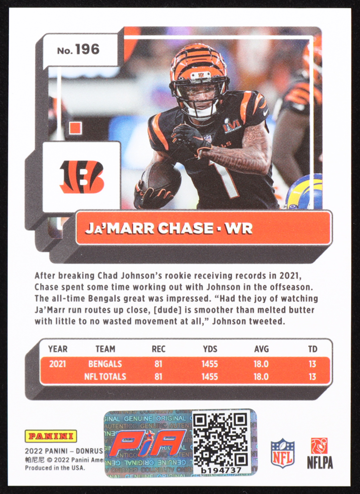 Ja'Marr Chase Signed 2022 Donruss Press Proof Premium #196 (PIA) at PristineAuction.com Ja'Marr Chase Signed 2022 Donruss Press Proof Premium #196 (PIA) at PristineAuction.com