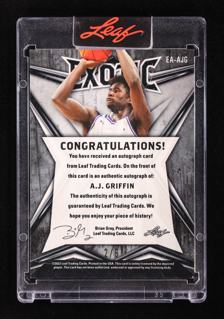 AJ Griffin 2022 Leaf Exotic Autographs Prismatic Parrot #EAAJG RC #2/6 at PristineAuction.com AJ Griffin 2022 Leaf Exotic Autographs Prismatic Parrot #EAAJG RC #2/6 at PristineAuction.com