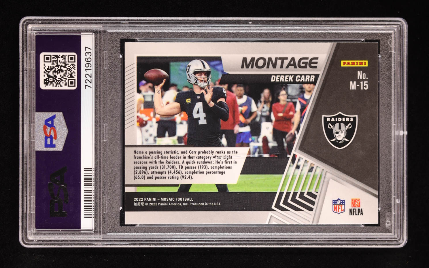 Derek Carr 2022 Panini Mosaic Montage #15 (PSA 10) at PristineAuction.com Derek Carr 2022 Panini Mosaic Montage #15 (PSA 10) at PristineAuction.com