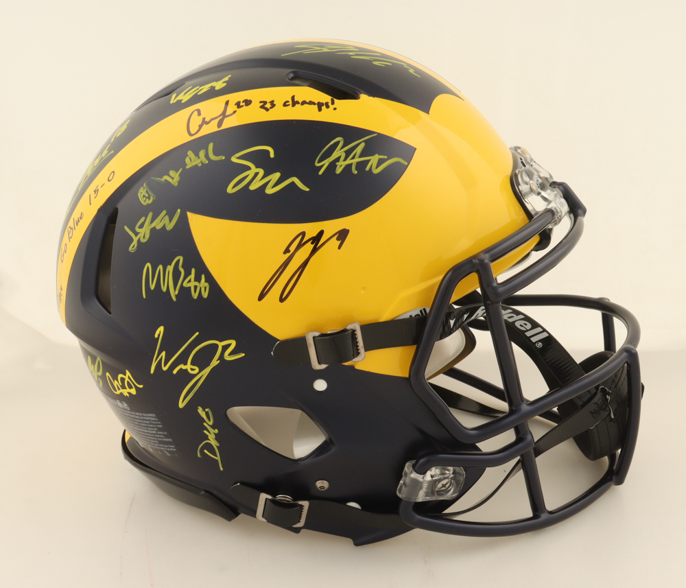 2023 Michigan Wolverines Full-Size Authentic On-Field Speed Helmet Team-Signed by (16) with J.J. McCarthy, Blake Corum, Roman Wilson, Colston Loveland Inscribed "Go Blue 15-0" & "23 Champs!" (Beckett) at PristineAuction.com 2023 Michigan Wolverines Full-Size Authentic On-Field Speed Helmet Team-Signed by (16) with J.J. McCarthy, Blake Corum, Roman Wilson, Colston Loveland Inscribed "Go Blue 15-0" & "23 Champs!" (Beckett) at PristineAuction.com