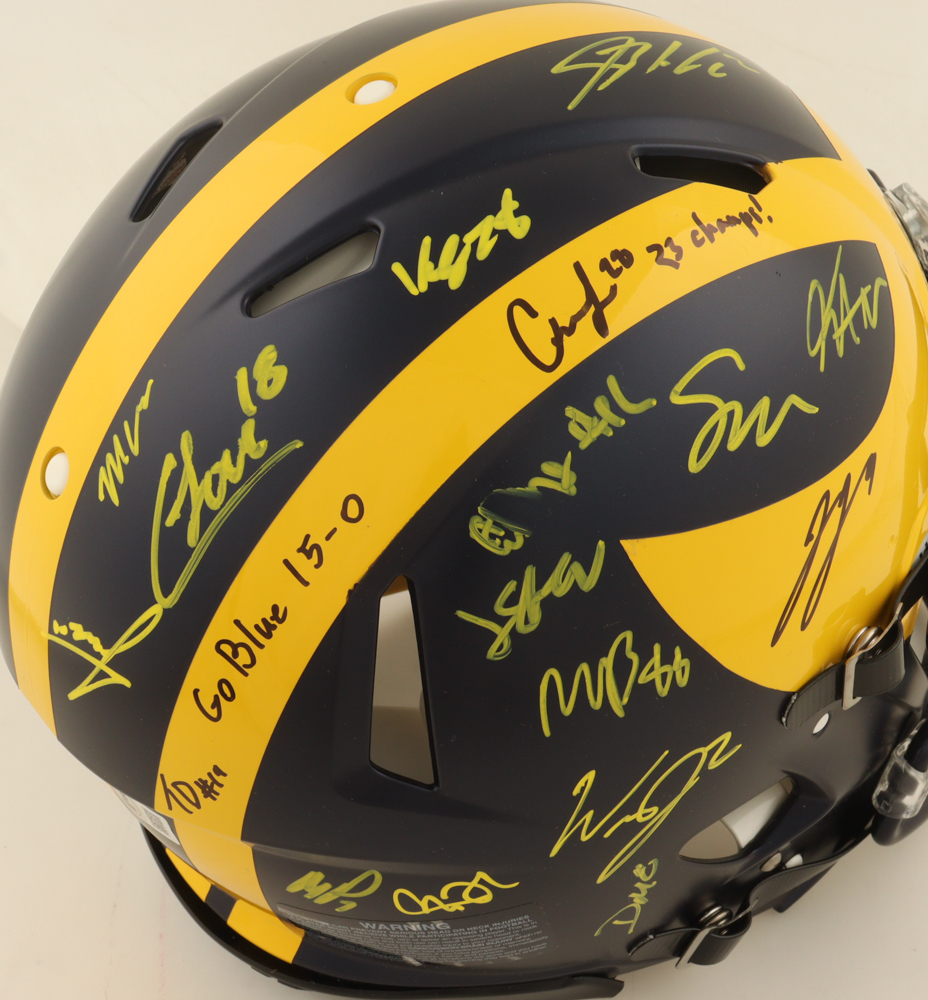 2023 Michigan Wolverines Full-Size Authentic On-Field Speed Helmet Team-Signed by (16) with J.J. McCarthy, Blake Corum, Roman Wilson, Colston Loveland Inscribed "Go Blue 15-0" & "23 Champs!" (Beckett) at PristineAuction.com 2023 Michigan Wolverines Full-Size Authentic On-Field Speed Helmet Team-Signed by (16) with J.J. McCarthy, Blake Corum, Roman Wilson, Colston Loveland Inscribed "Go Blue 15-0" & "23 Champs!" (Beckett) at PristineAuction.com