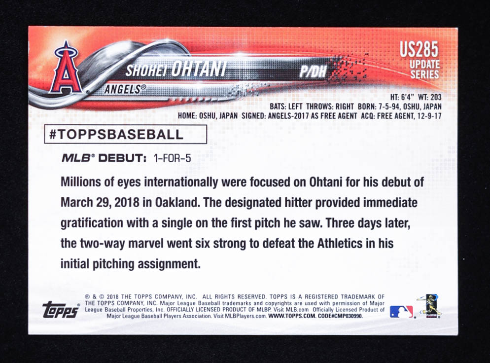 Shohei Ohtani 2018 Topps Update #US285 RD RC at PristineAuction.com Shohei Ohtani 2018 Topps Update #US285 RD RC at PristineAuction.com