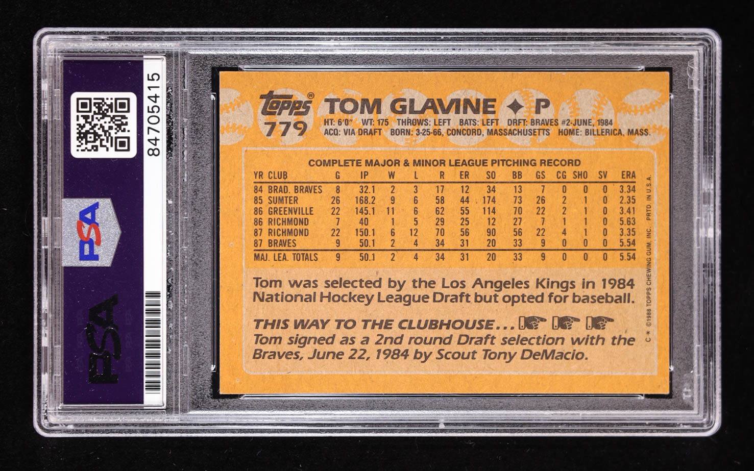 Tom Glavine Signed 1988 Topps #799 RC (PSA) at PristineAuction.com Tom Glavine Signed 1988 Topps #799 RC (PSA) at PristineAuction.com