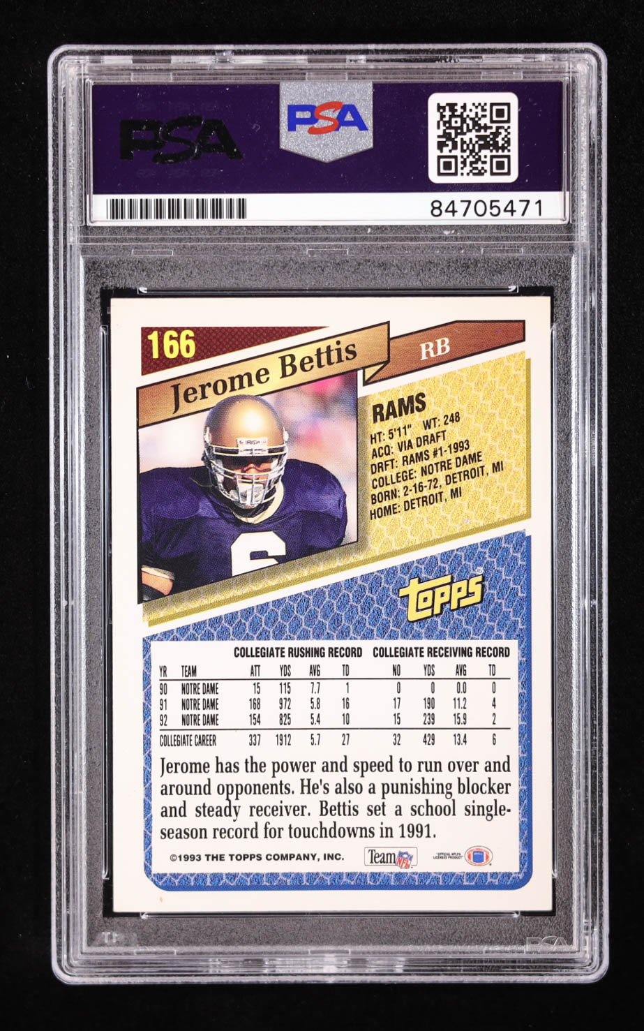 Jerome Bettis Signed 1993 Topps #166 RC (PSA) at PristineAuction.com Jerome Bettis Signed 1993 Topps #166 RC (PSA) at PristineAuction.com