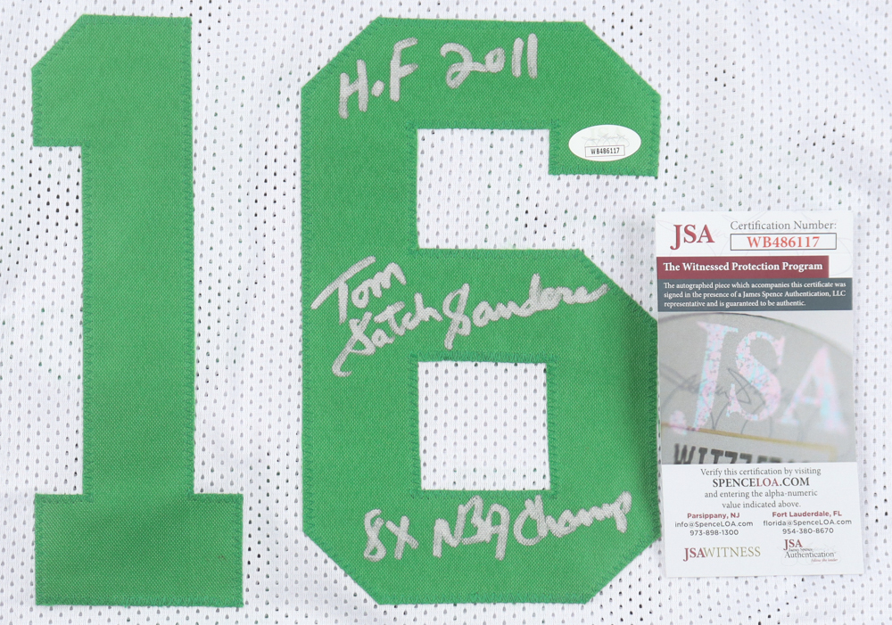 Tom "Satch" Sanders Signed Jersey Inscribed "HOF 2011" & "8x NBA Champ" (JSA) at PristineAuction.com Tom "Satch" Sanders Signed Jersey Inscribed "HOF 2011" & "8x NBA Champ" (JSA) at PristineAuction.com