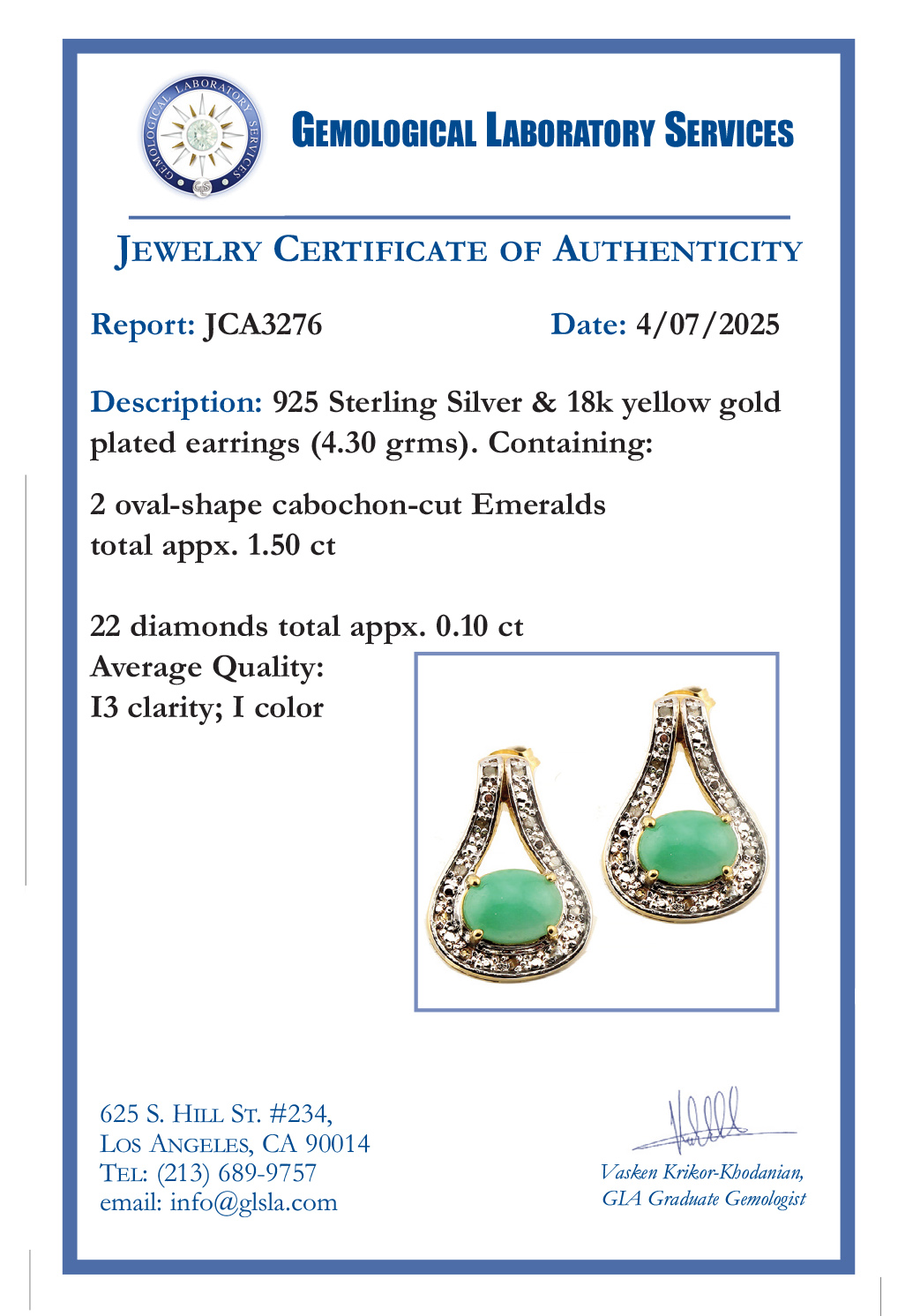 1.60 Total CTW Pair of (2) Diamond & Emeralds 18K Yellow Gold Plated Sterling Silver Earrings I, I3 (GLS) at PristineAuction.com 1.60 Total CTW Pair of (2) Diamond & Emeralds 18K Yellow Gold Plated Sterling Silver Earrings I, I3 (GLS) at PristineAuction.com