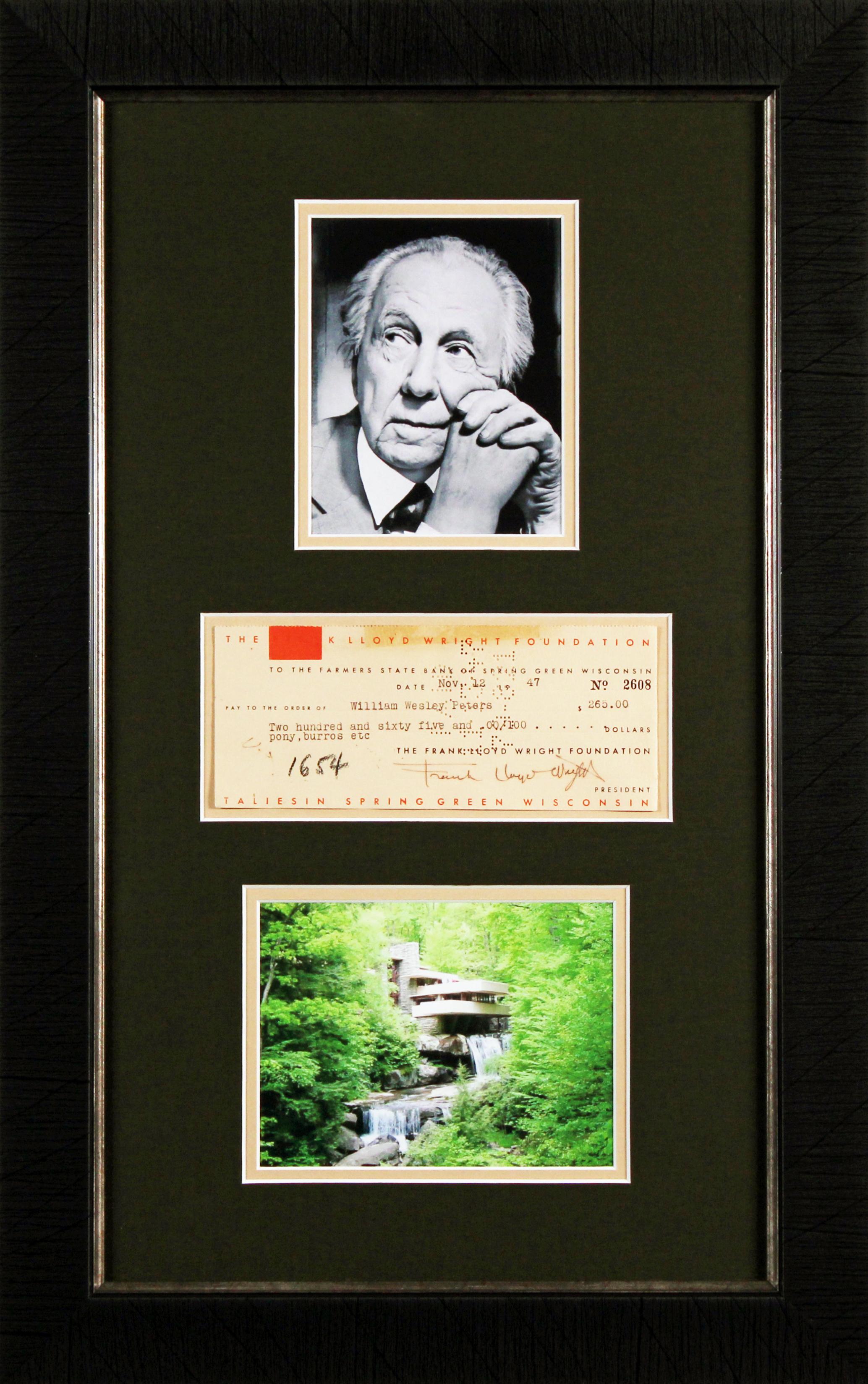 Frank Lloyd Wright Signed 1947 Custom Framed Foundation Check (Beckett) at PristineAuction.com Frank Lloyd Wright Signed 1947 Custom Framed Foundation Check (Beckett) at PristineAuction.com
