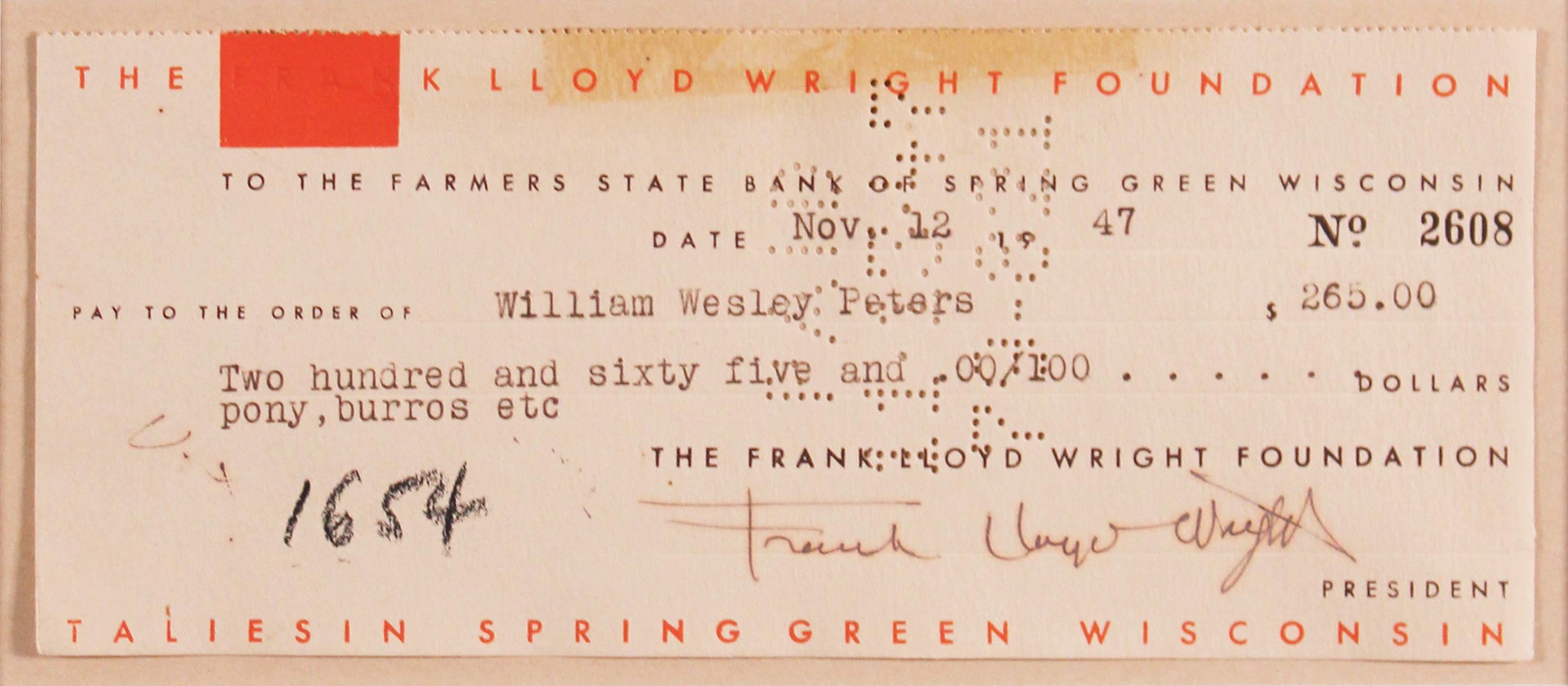 Frank Lloyd Wright Signed 1947 Custom Framed Foundation Check (Beckett) at PristineAuction.com Frank Lloyd Wright Signed 1947 Custom Framed Foundation Check (Beckett) at PristineAuction.com