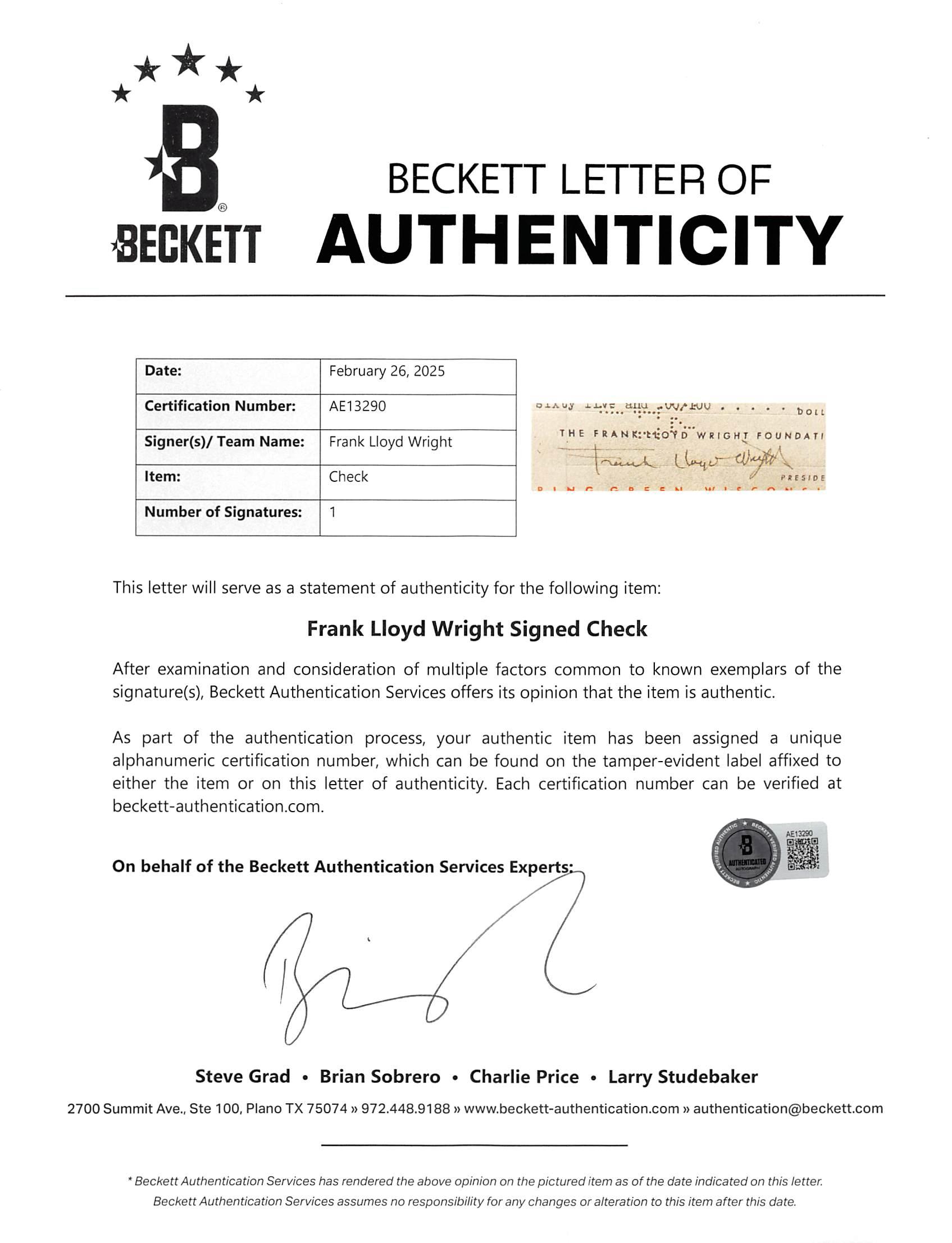 Frank Lloyd Wright Signed 1947 Custom Framed Foundation Check (Beckett) at PristineAuction.com Frank Lloyd Wright Signed 1947 Custom Framed Foundation Check (Beckett) at PristineAuction.com