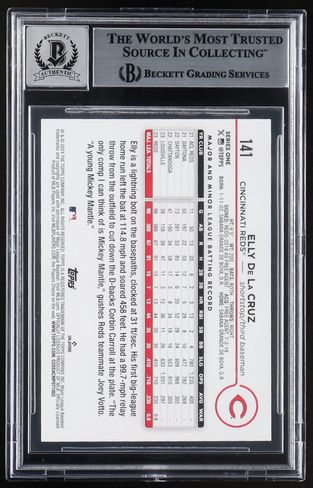 Elly De La Cruz Signed 2024 Topps #141 RC (BGS | Auto 10) at PristineAuction.com Elly De La Cruz Signed 2024 Topps #141 RC (BGS | Auto 10) at PristineAuction.com