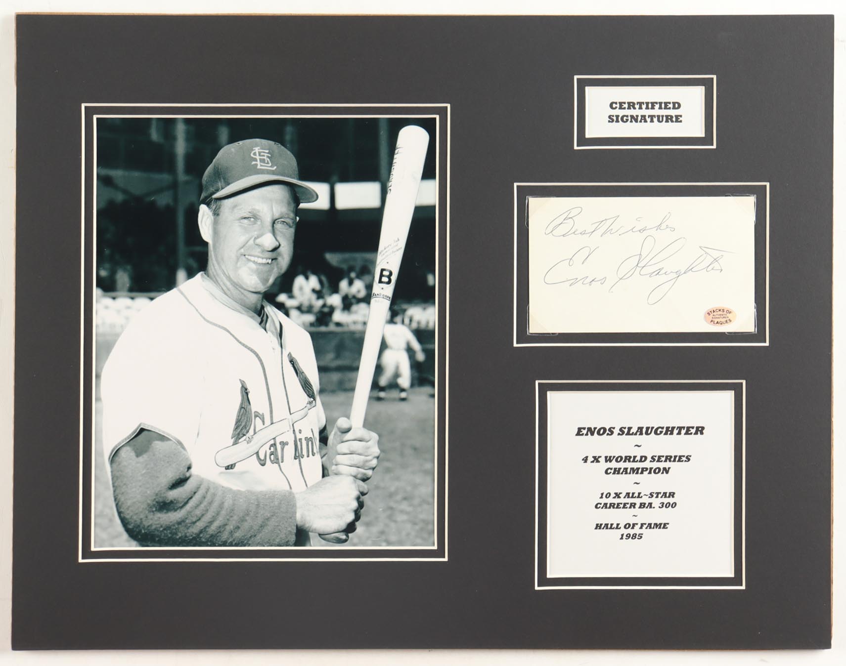Enos Slaughter Signed Cardinals 14x18 Custom Matted Cut Display Inscribed "Best Wishes" (SOP) at PristineAuction.com Enos Slaughter Signed Cardinals 14x18 Custom Matted Cut Display Inscribed "Best Wishes" (SOP) at PristineAuction.com