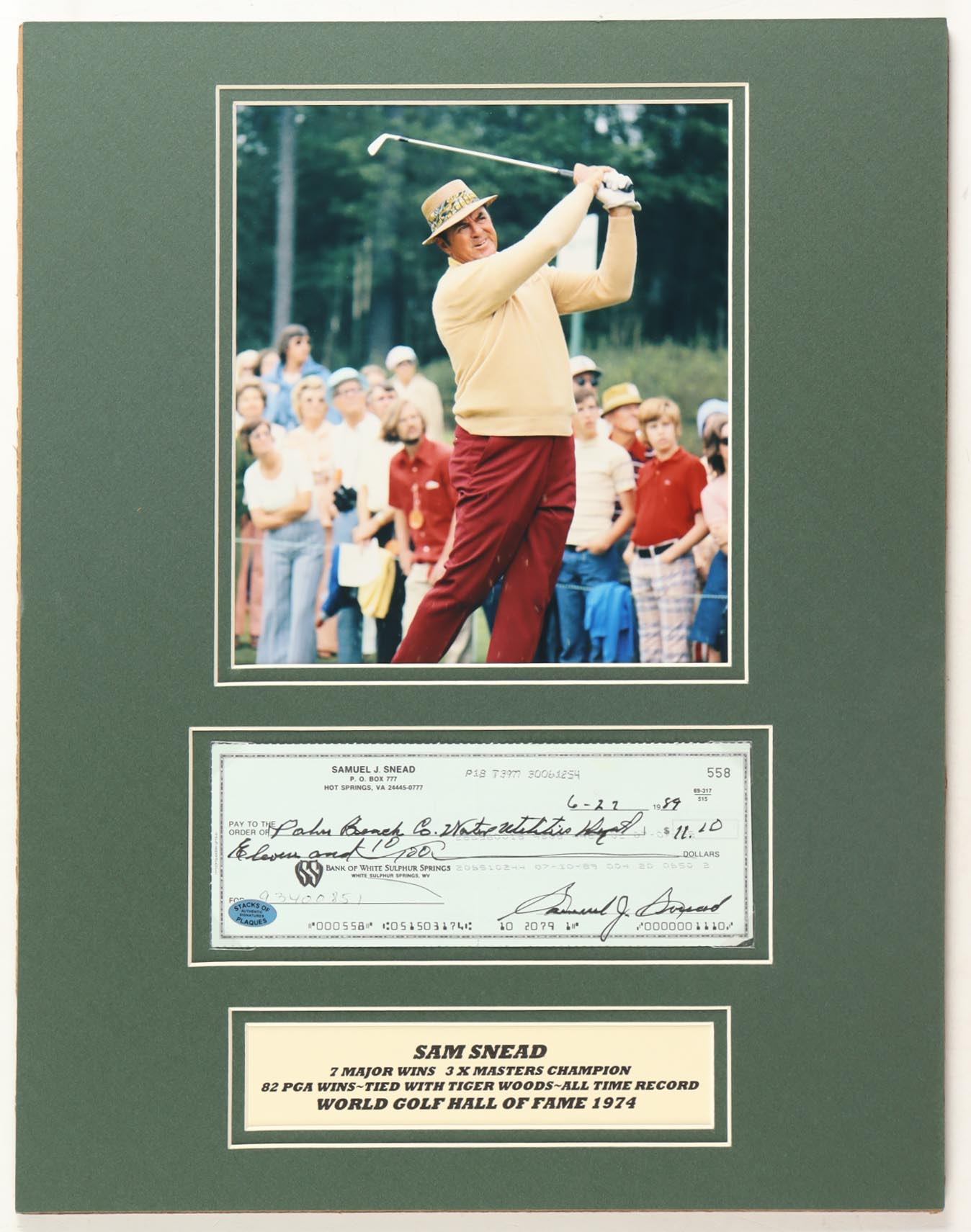 Sam Snead Signed 14x18 Custom Matted Personal Check Display (JSA) at PristineAuction.com Sam Snead Signed 14x18 Custom Matted Personal Check Display (JSA) at PristineAuction.com