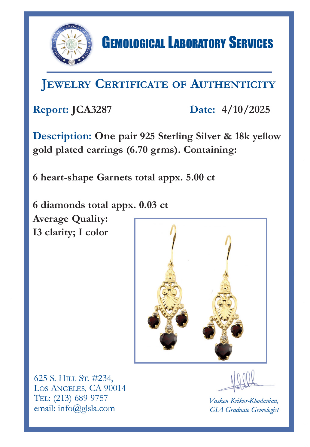 5.03 Total CTW Pair of (2) Diamond & Garnet 18K Yellow Gold Plated Sterling Silver Earrings I, I3 (GLS) at PristineAuction.com 5.03 Total CTW Pair of (2) Diamond & Garnet 18K Yellow Gold Plated Sterling Silver Earrings I, I3 (GLS) at PristineAuction.com