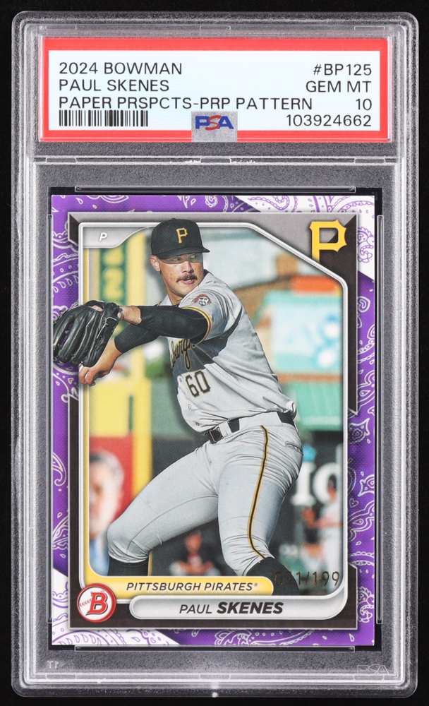 Paul Skenes 2024 Bowman Prospects Purple Pattern #BP125 #031/199 RC (PSA 10) at PristineAuction.com Paul Skenes 2024 Bowman Prospects Purple Pattern #BP125 #031/199 RC (PSA 10) at PristineAuction.com