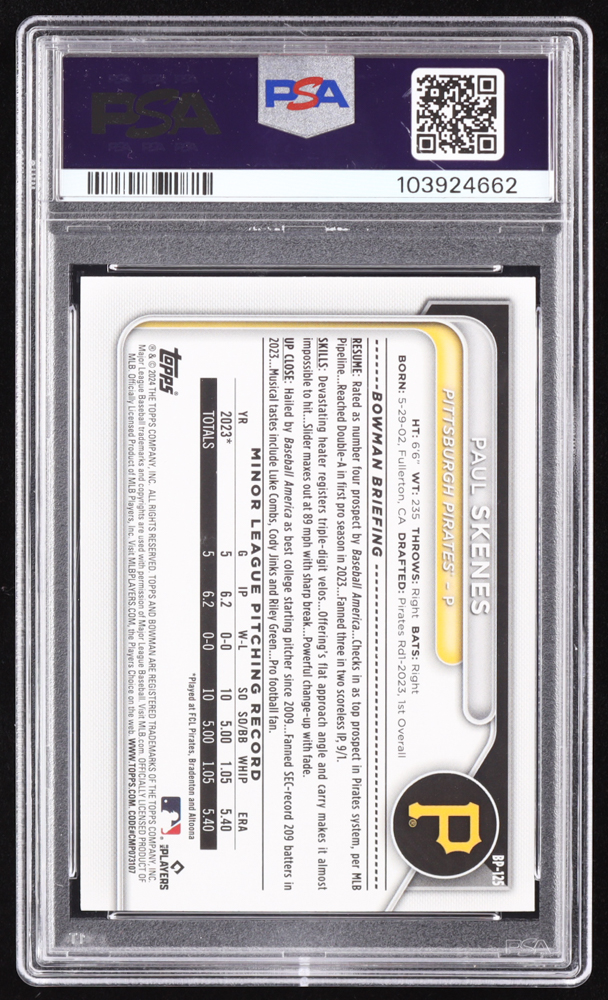 Paul Skenes 2024 Bowman Prospects Purple Pattern #BP125 #031/199 RC (PSA 10) at PristineAuction.com Paul Skenes 2024 Bowman Prospects Purple Pattern #BP125 #031/199 RC (PSA 10) at PristineAuction.com