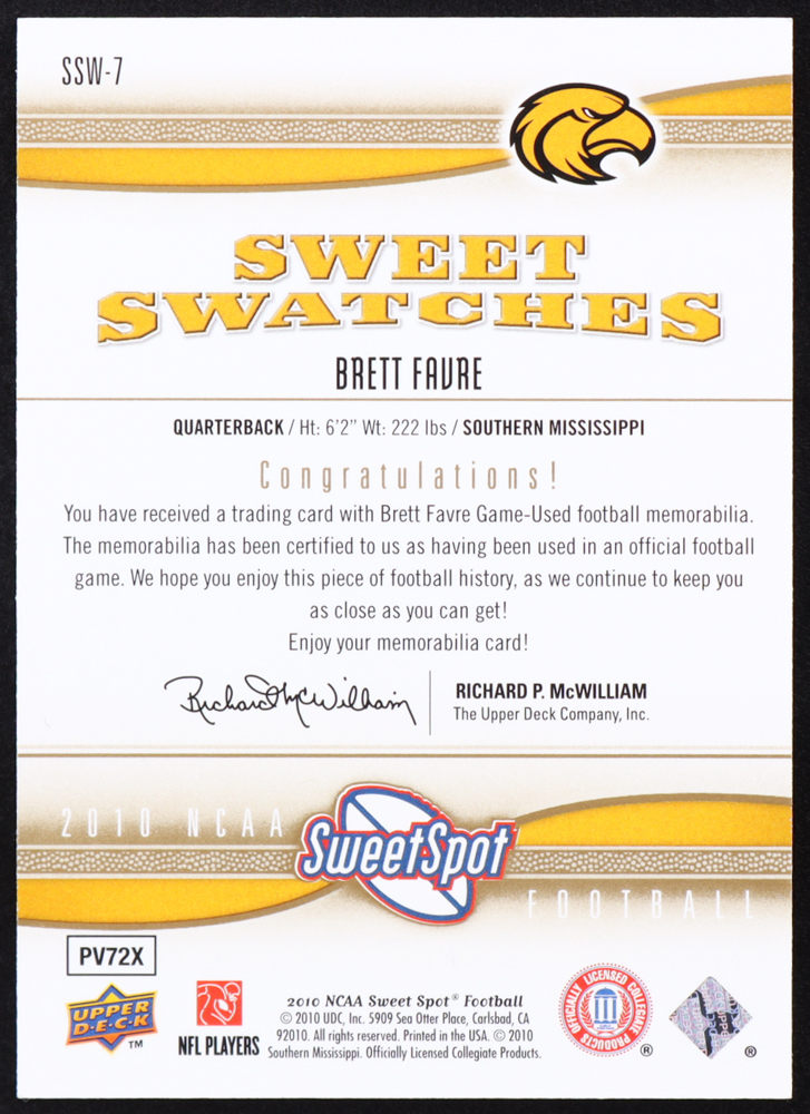 Brett Favre 2010 Sweet Spot Sweet Swatches #SSW7 at PristineAuction.com Brett Favre 2010 Sweet Spot Sweet Swatches #SSW7 at PristineAuction.com